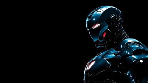 Sleek midnight mech hero glowing against deep space calm.