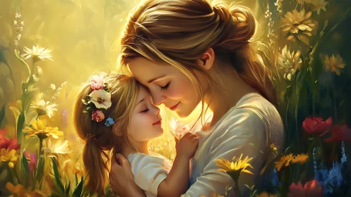 Mother and child in garden with golden light.