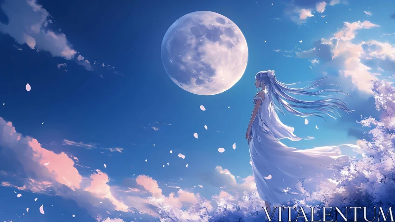 Moonlit anime girl among cherry blossoms at twilight sky.