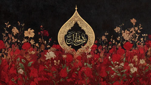 Golden teardrop script blooms above a crimson floral sea