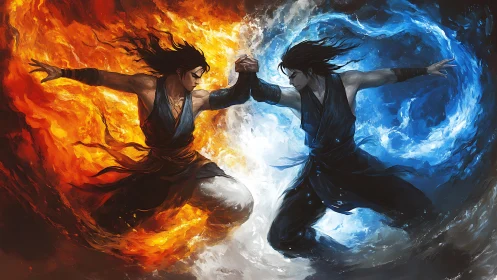 Fire and ice warriors clash in a swirling elemental duel.