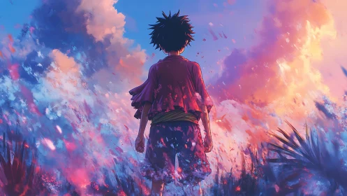 Sunset dreams with a quiet hero in swirling color fields.