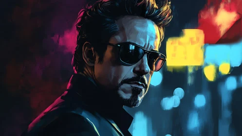 Stylized male portrait renders neon-lit urban night scene