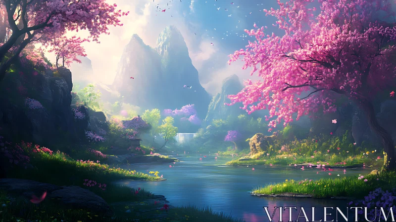 Digital landscape with river, blossoms, cliffs, and light mist.
