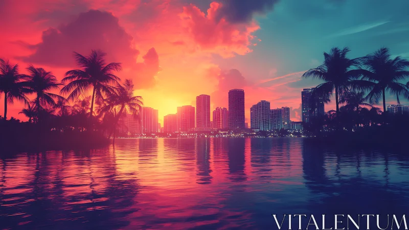 Neon sunset city skyline glows above tranquil tropical bay.