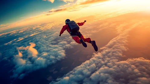 Sunset skydiver glides through glowing clouds in calm freedom