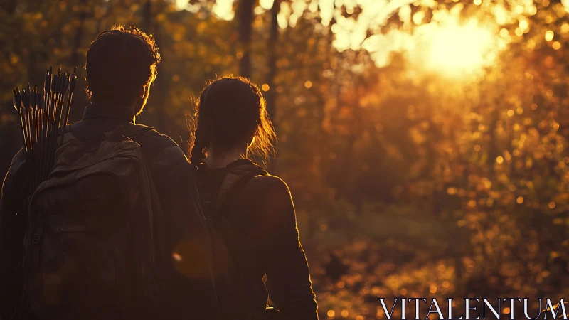 Two adventurers stand silhouetted against golden forest light