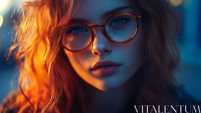 Close portrait shows red haired subject with round eyeglasses