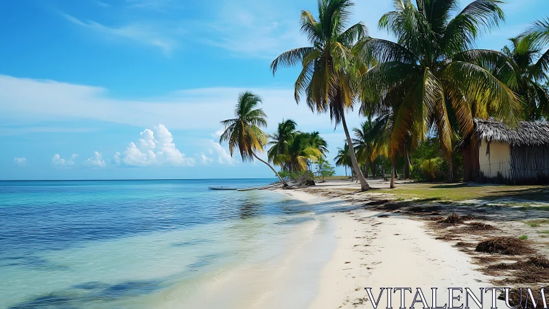 Tropical Island Beach Serenity with Palm Trees and Thatched Roof Hut