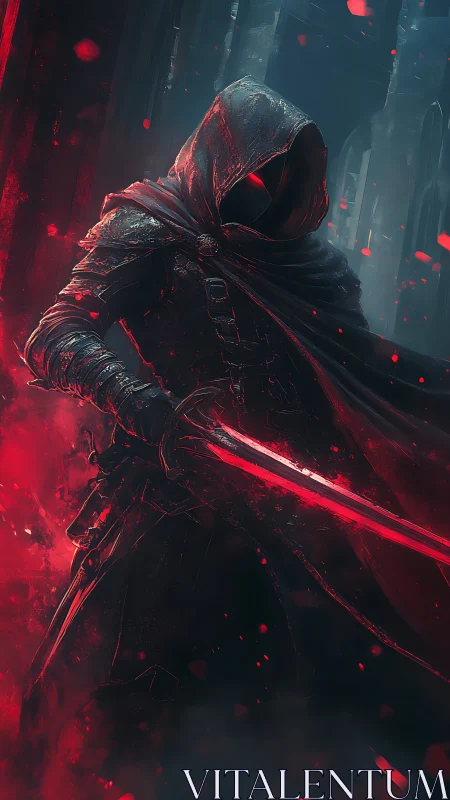 Hooded dark warrior brandishes a glowing red energy blade
