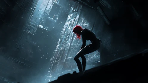 Red-haired operative in volumetric-lit industrial fissure.