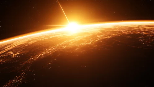 Orange sun rising above planetary horizon in space.