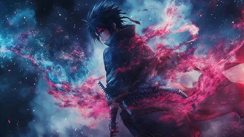 Lone anime warrior commands crimson energy in a cosmic storm