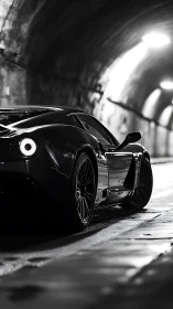 Black supercar parked in dimly lit tunnel at night.