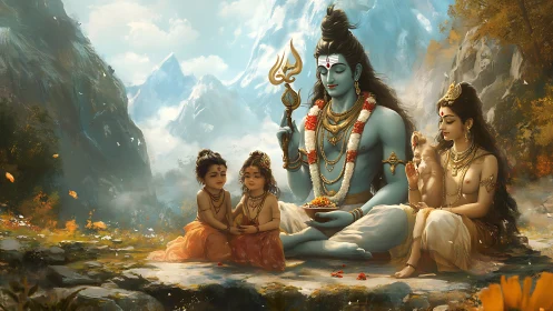 Hindu divine family seated in detailed mountain landscape