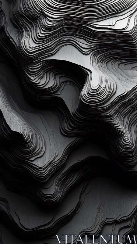 Monochrome layered topographic waves in sculpted relief.