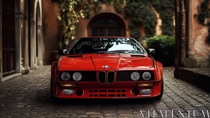 Low-angle frontal study of red BMW coupe in cobblestone courtyard