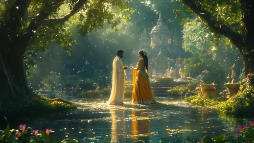 Divine couple stand in golden temple garden light.