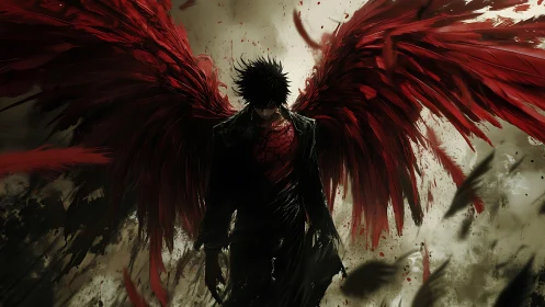Dark winged figure emerging amid crimson feather storm.
