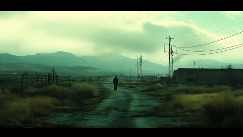 Solitary figure on desolate road under green industrial sky.