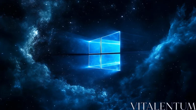 Glowing window emblem opens into a deep cosmic nebula sky