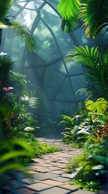 Sunlit tropical greenhouse path curves beneath glass dome