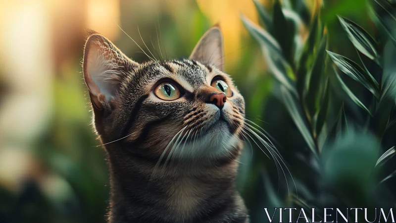 Tabby Cat Portrait with Upward Gaze and Natural Bokeh.