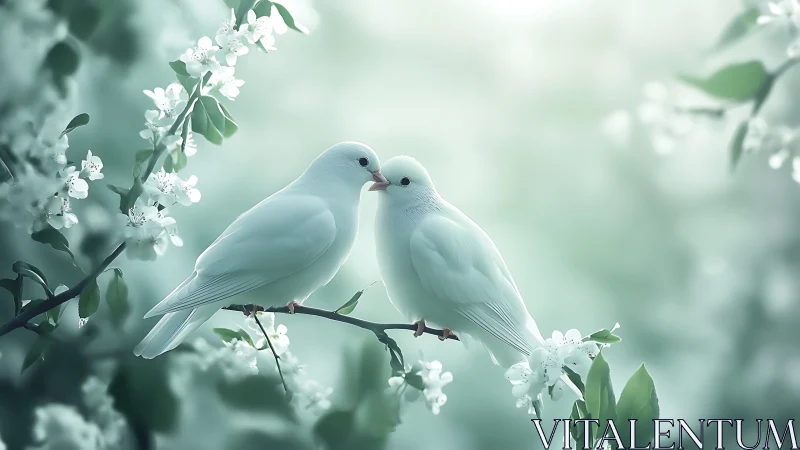 Two White Doves on Blossoming Branch
