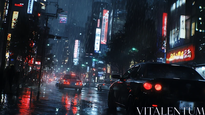 Rain-soaked neon city street with cars at night in motion.