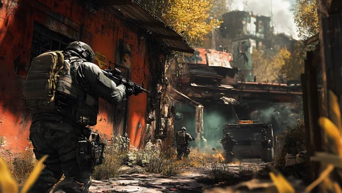 Urban fireteam advances through smoke and rusted ruins.