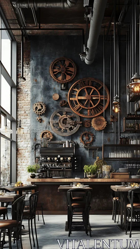 Industrial caf&eacute; interior shows gear wall and espresso bar