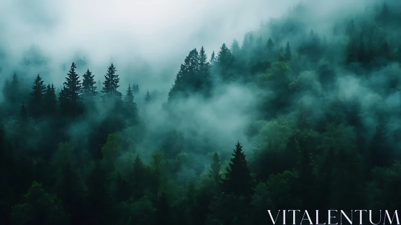 Misty Evergreen Forest Landscape.
