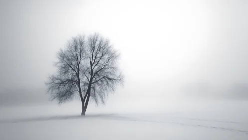 Quiet winter tree standing alone in soft white fog.