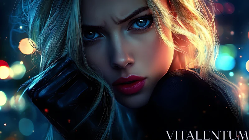 Close night portrait of blonde woman in blue city lights.