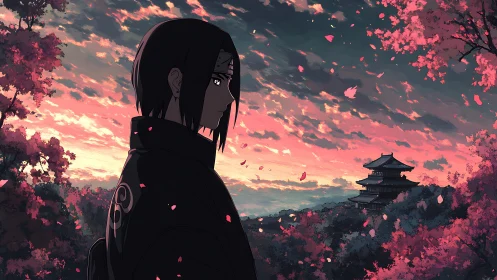 Solitary anime warrior watches a tranquil cherry blossom dusk
