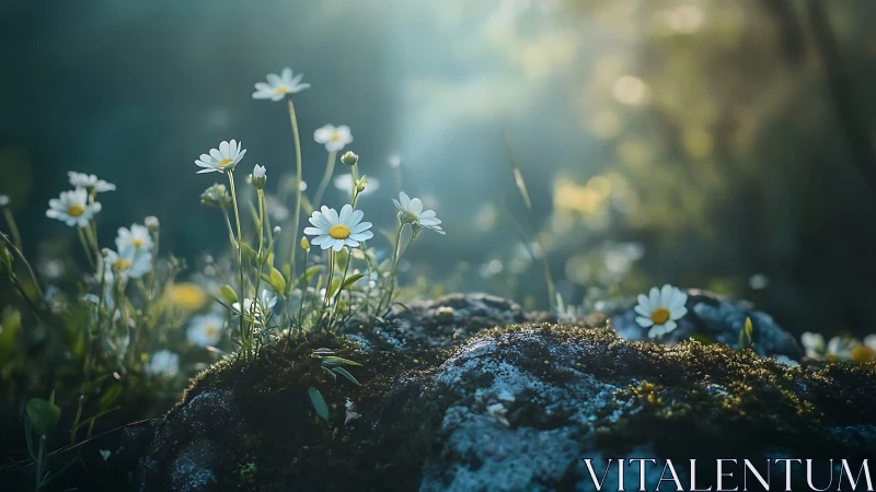 Daisies growing on moss-covered rock in soft morning light.