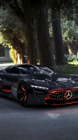 Mercedes concept hypercar glows with red neon accents at dusk.