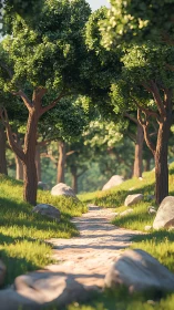 Sunlit Forest Path with Mature Trees.