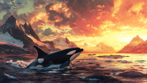 Orca breaching under blazing arctic sunset sky seascape.