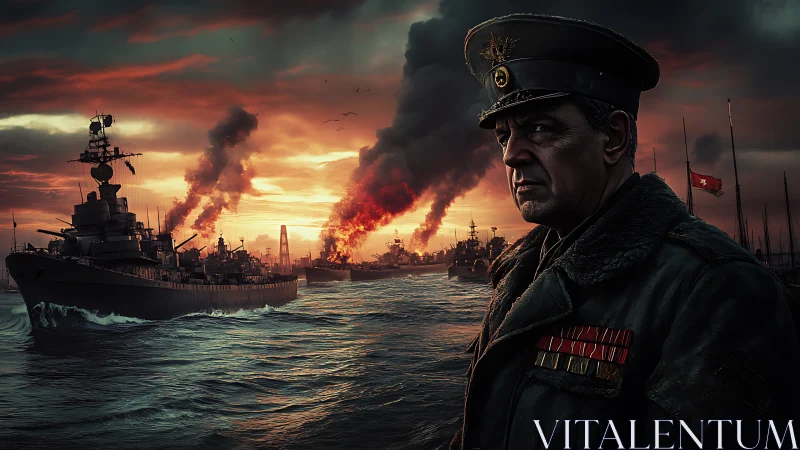 Naval commander observes burning warships under smoke filled dusk sky