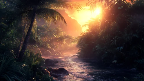 Tropical river landscape under low sun through dense foliage.