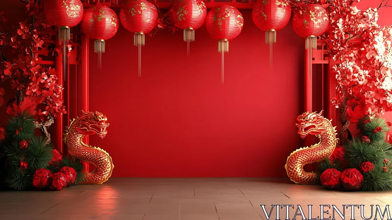 Symmetrical red stage background with lanterns and dragons