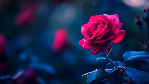 Vibrant Magenta Rose Blooms Against Deep Blue Night.