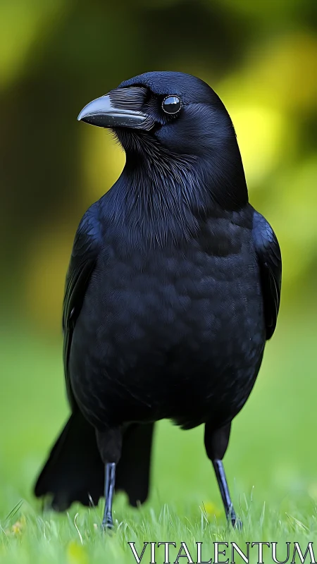 Raven Perched Against Luminous Green Backdrop.
