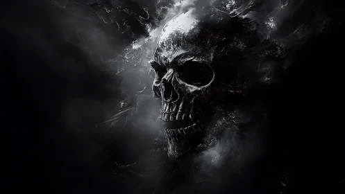 Volumetric-lit skull silhouette emerges from turbulent smoke field