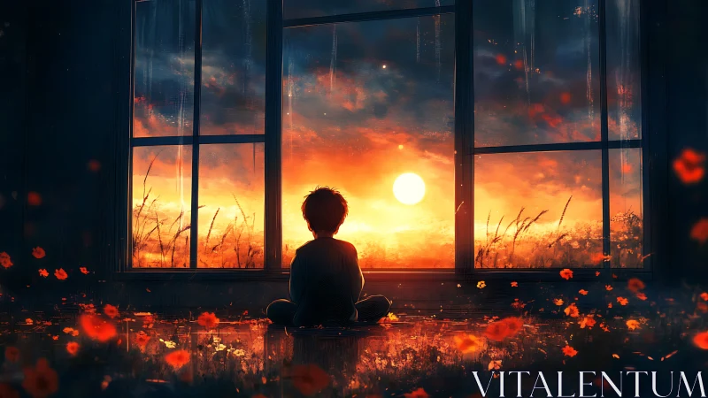 Backlit child silhouette observing solar horizon through window.