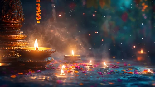 Oil lamps and flower petals on stone surface at night.