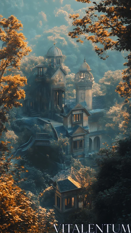 Enchanted hillside manor rising through misty forest light.