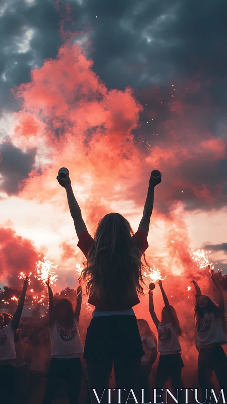 Crowd holding flares with backlit smoke under cloudy sky.