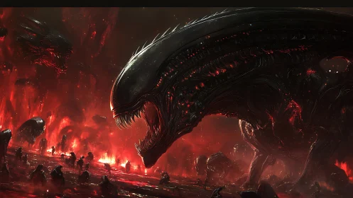 Gigantic alien creature dominates burning red battlefield